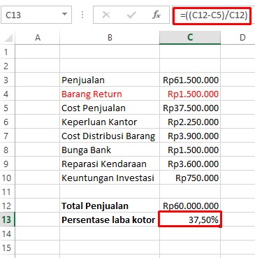 1. Perhitungan Persentase Laba Kotor Excel